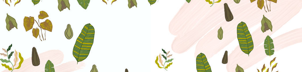 Coloured leaves and textured patches in blue and pink on a white background