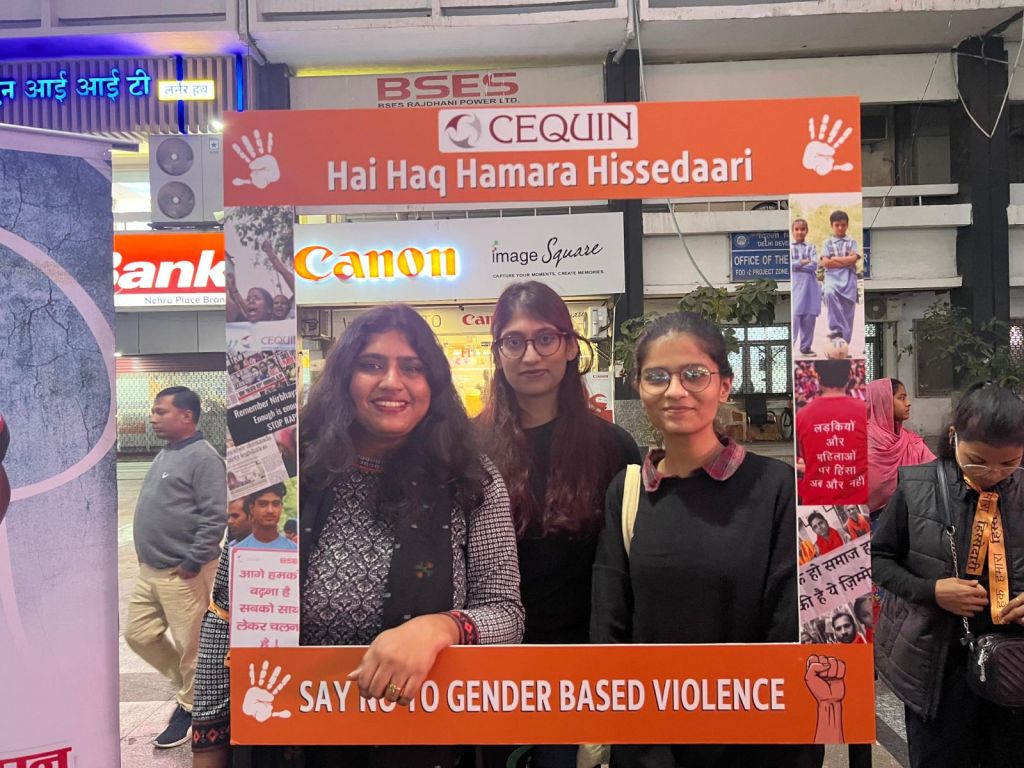 IMG-20250924-WA0009 Three TARSHI members (left to right) Nandhini, Ayesha and Tanvika are at CEQUIN's 16 Days of Activism event